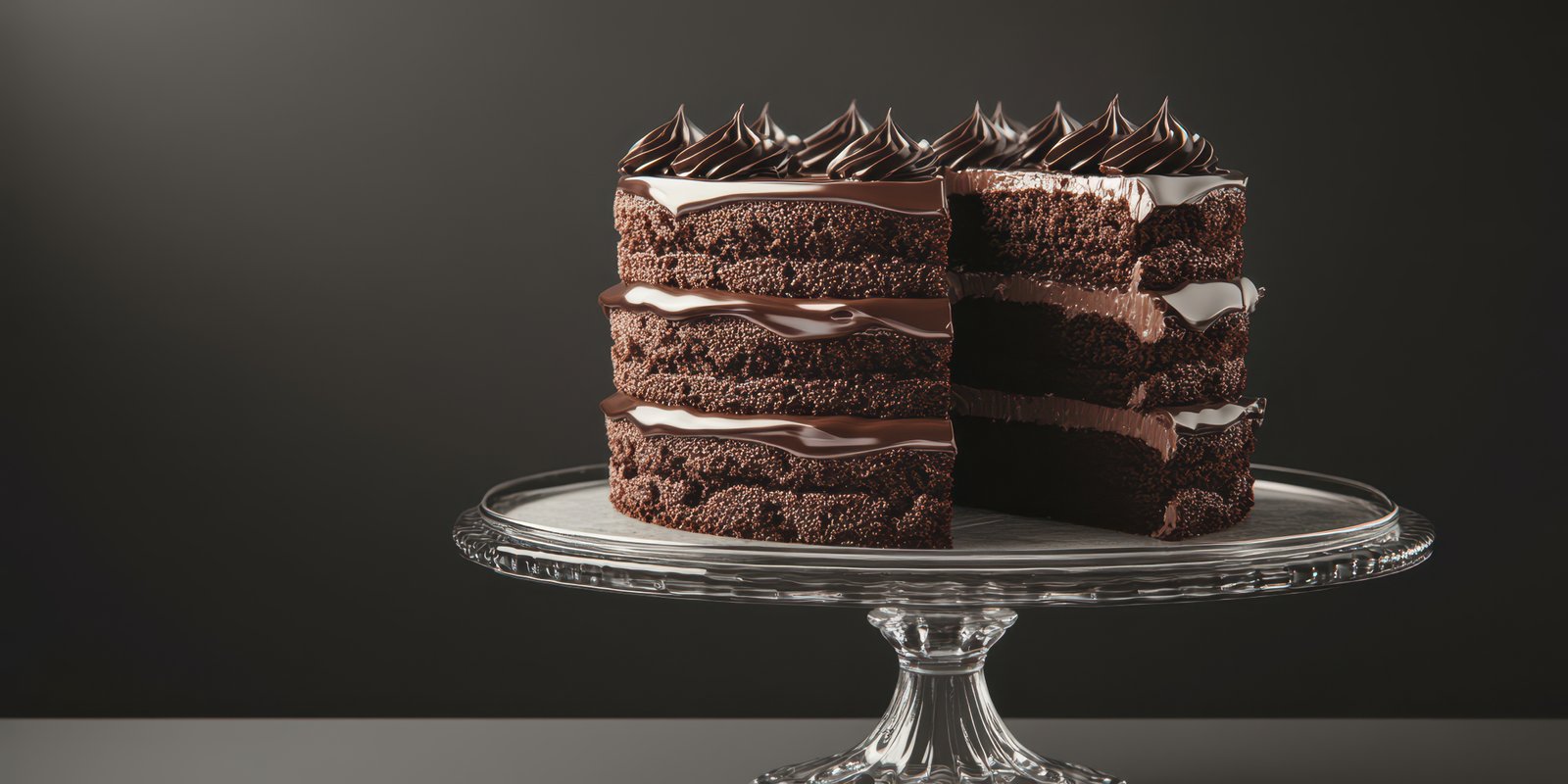 Chocolate layer cake with rich frosting displayed on a glass cake stand in a dimly lit setting